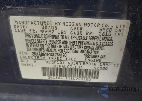 2008 Nissan Sentra 2.0 from USA, damaged, VIN 3N1AB61E18L754120
